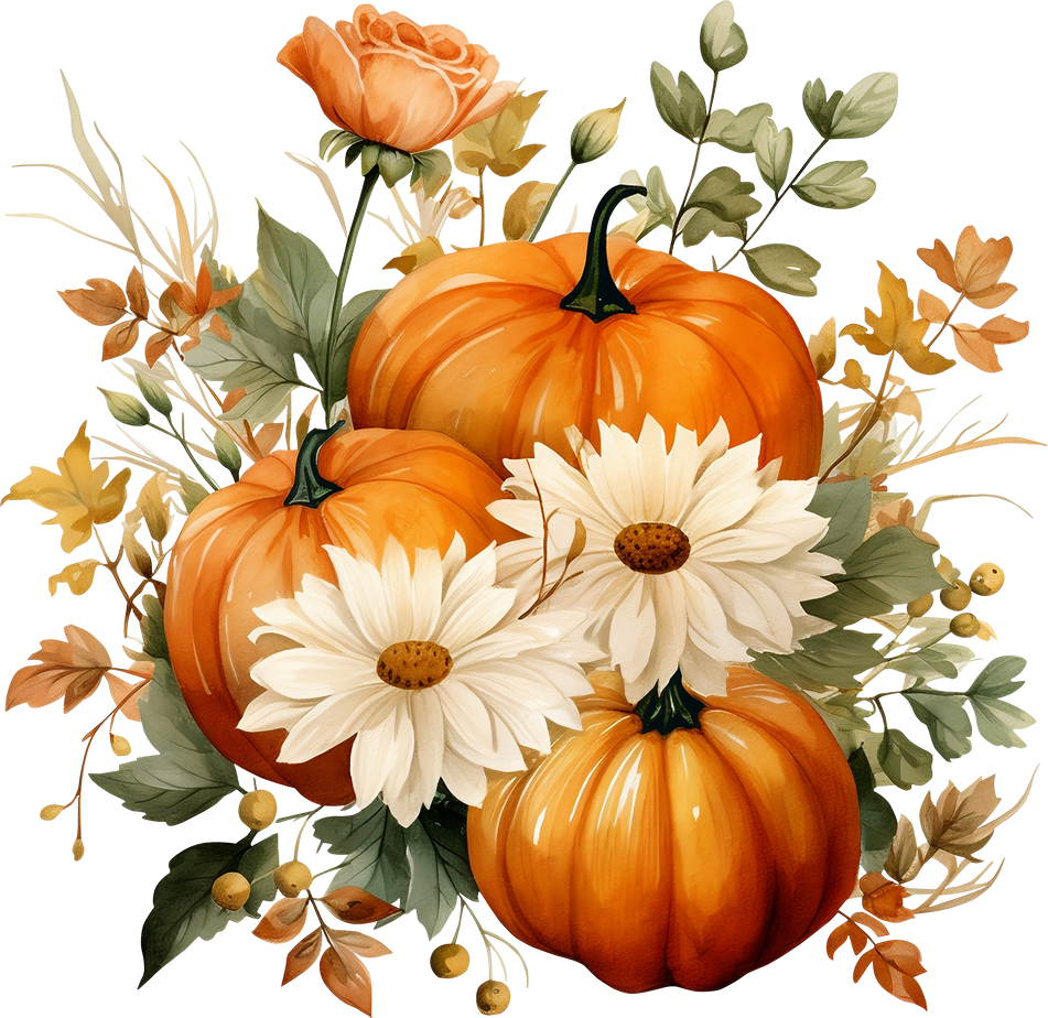 Watercolor Autumn Pumpkin Clipart, Fall Floral Leaves, Watercolor Autumn Leaves and Pumpkin Illustrations, Festive Fall Clipart